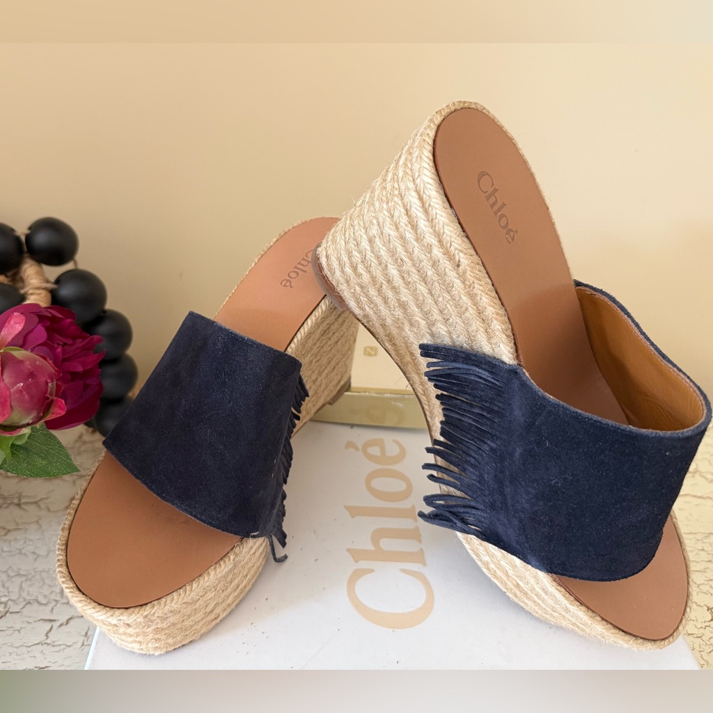 Chlo Estel Platform Suede Fringe Espadrilles In Navy Size: Eu 37 / Us 7